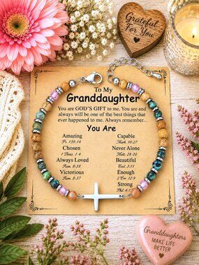 Granddaughter Beaded Cross Bracelet, Inspirational Christian Bible Verse Gift